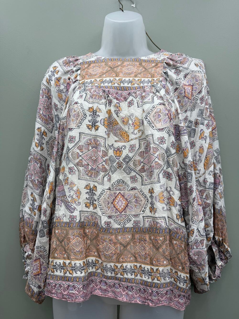 Anthropologie 100% Silk Bird Paisley Blouse S Balloon Sleeve Boho Peasant Top